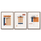 Set of 3 Sketch Flowers with Navy and Orange Geometric  Framed Art Prints with Light Walnut Frames