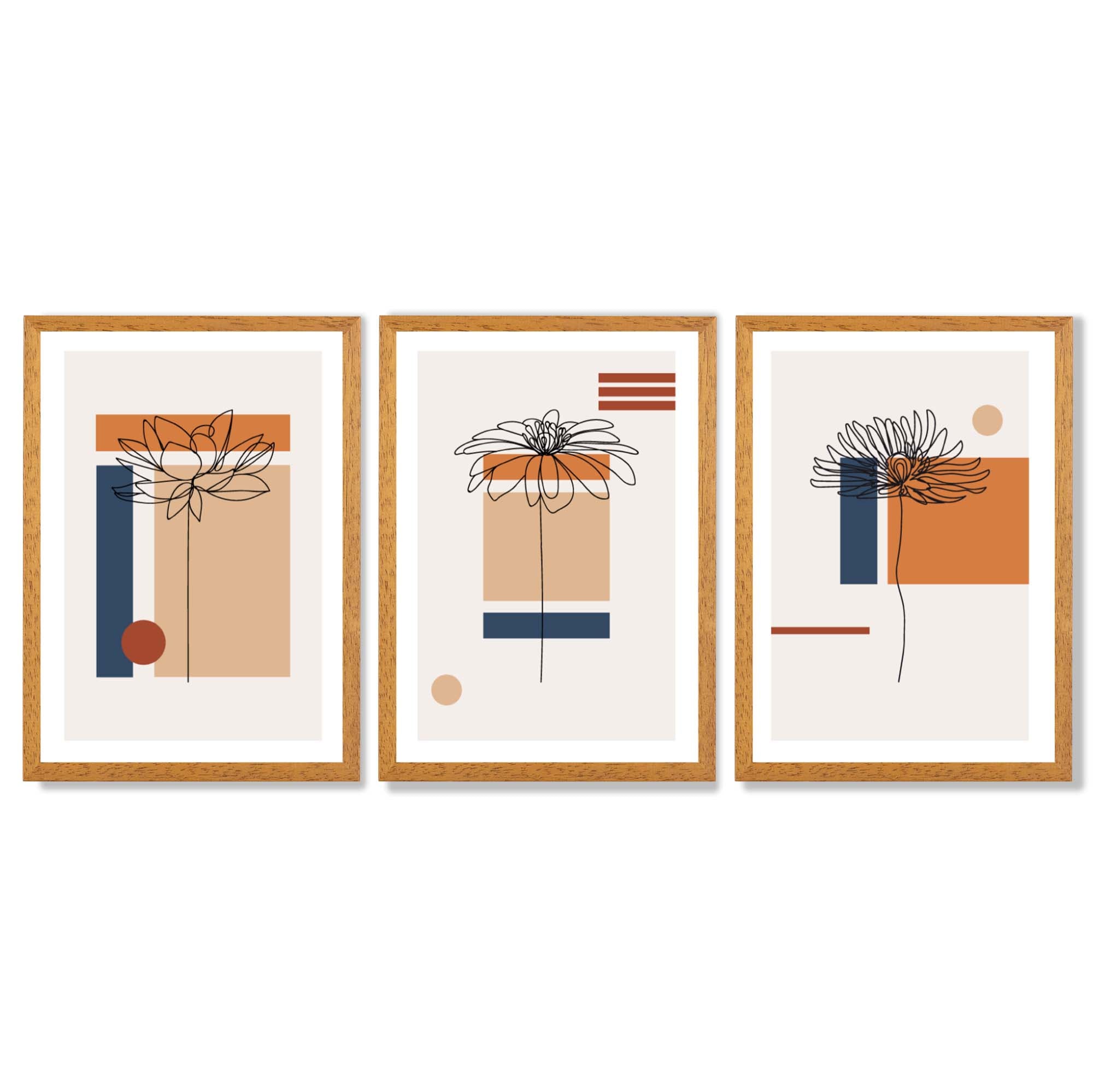 Set of 3 Sketch Flowers with Navy and Orange Geometric  Framed Art Prints with Oak Wooden Frames