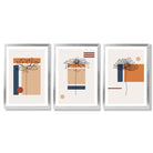 Set of 3 Sketch Flowers with Navy and Orange Geometric  Framed Art Prints with Silver Wood Frames