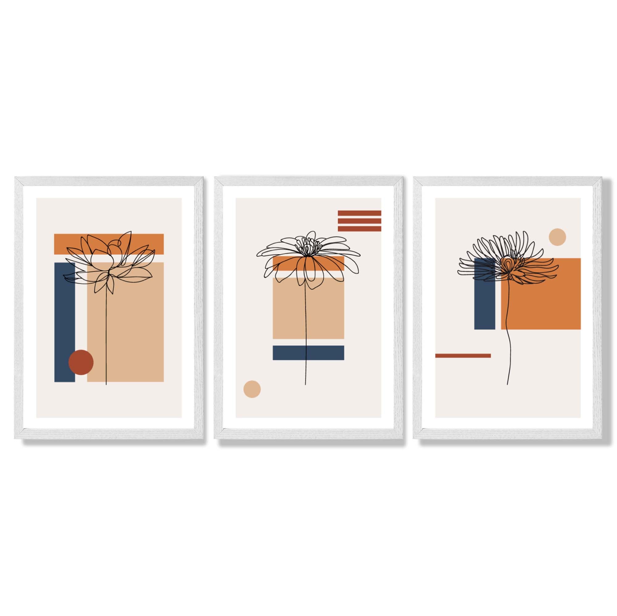 Set of 3 Sketch Flowers with Navy and Orange Geometric  Framed Art Prints with White Wooden Frames
