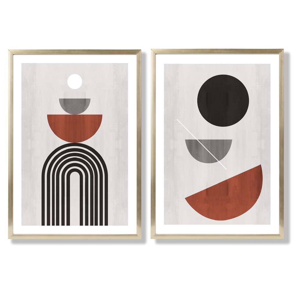 Modern Arches Grey and Orange Set of 2 Art Prints with Gold Frame