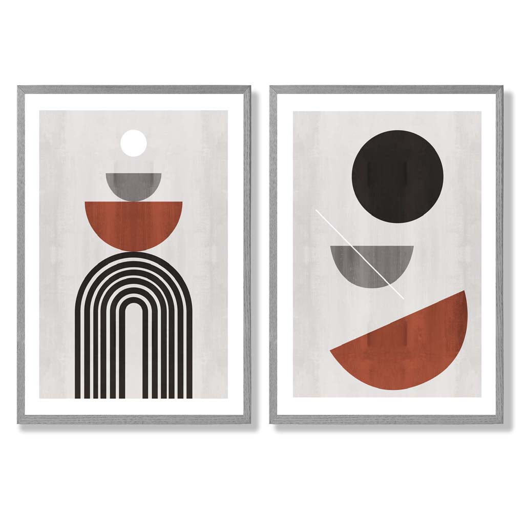 Modern Arches Grey and Orange Set of 2 Art Prints with Light Grey Frame