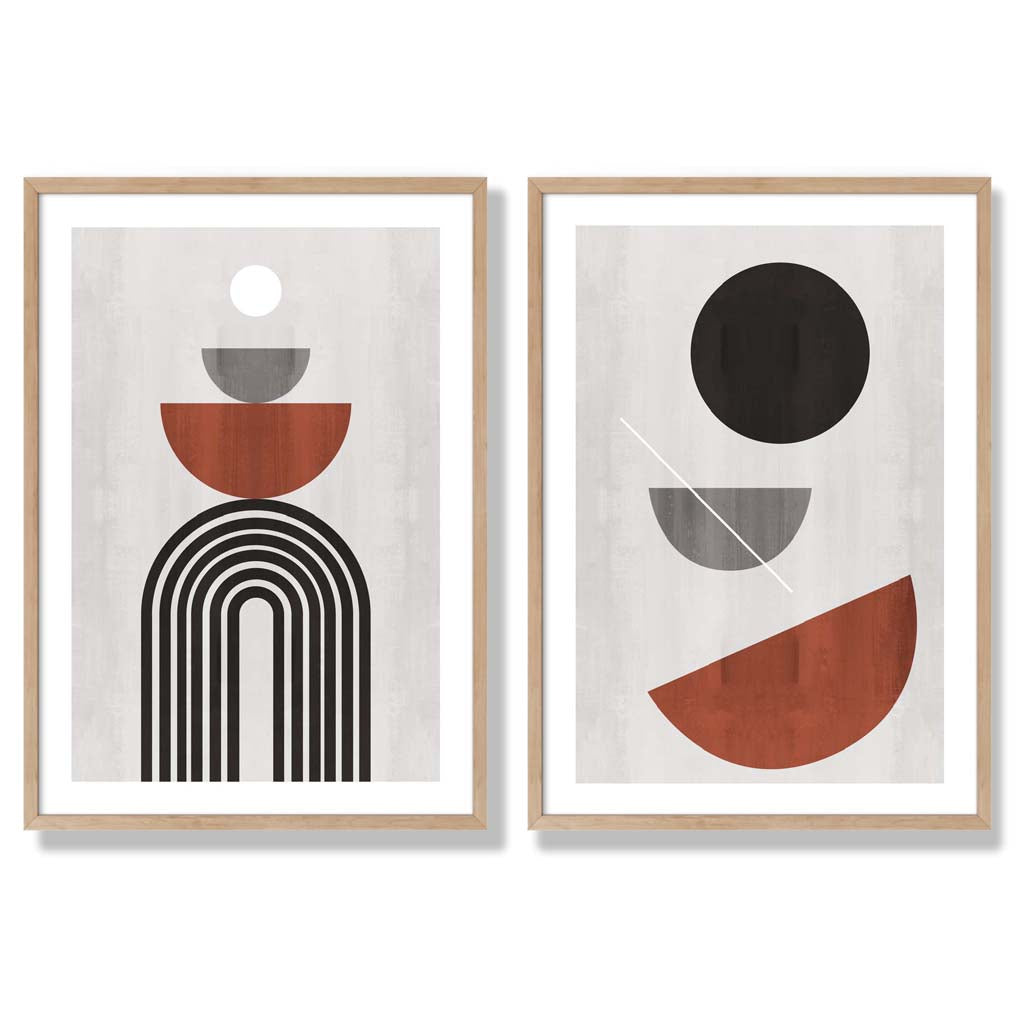 Modern Arches Grey and Orange Set of 2 Art Prints with Oak Frame