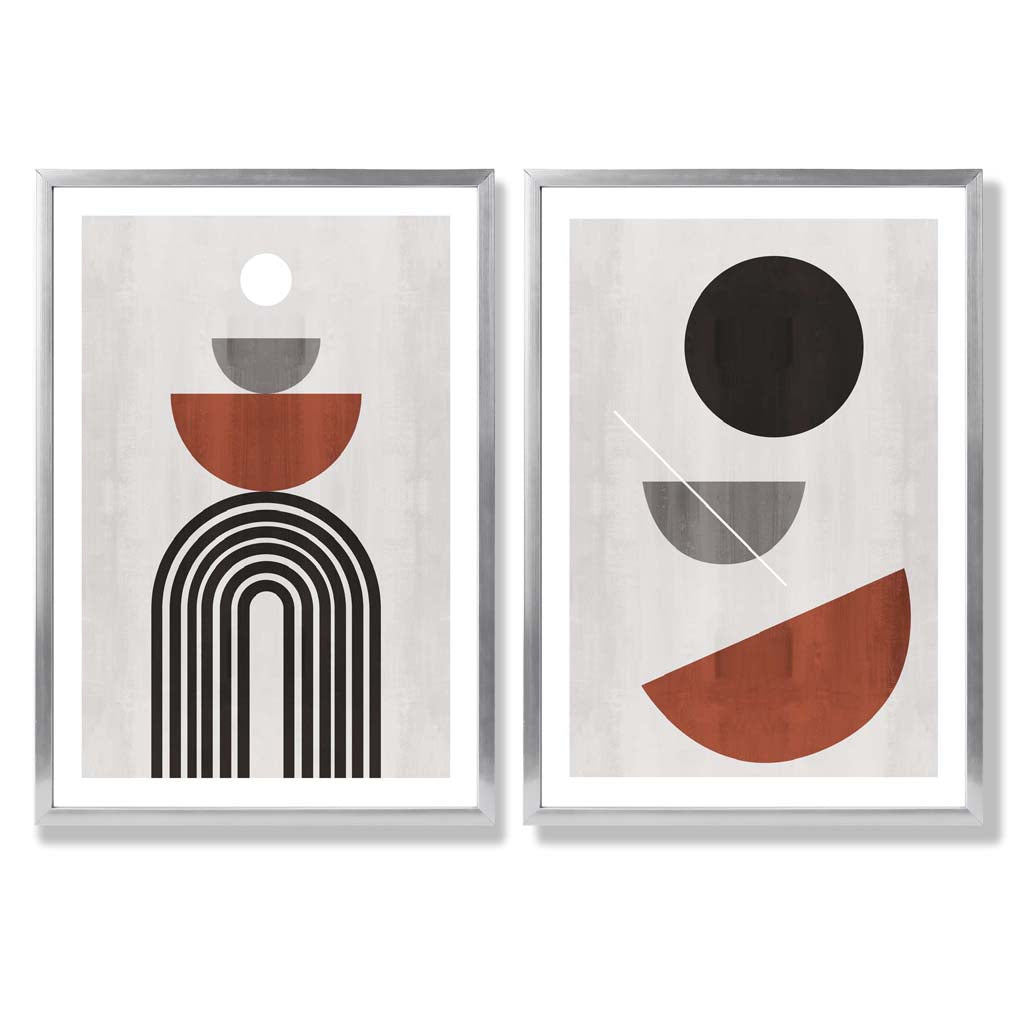Modern Arches Grey and Orange Set of 2 Art Prints with Silver Frame