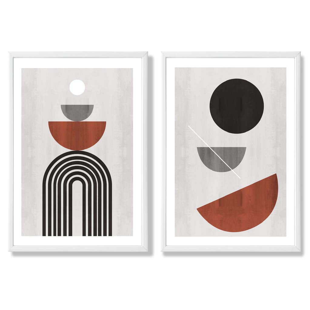 Modern Arches Grey and Orange Set of 2 Art Prints with White Frame