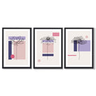 Set of 3 Sketch Flowers with Pink and Purple Geometric  Framed Art Prints with Black Wooden Frames