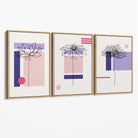 Set of 3 Sketch Flowers with Pink and Purple Geometric  Canvas Art Prints with Oak Float Frame