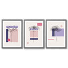 Set of 3 Sketch Flowers with Pink and Purple Geometric  Framed Art Prints with Dark Grey Wooden Frames
