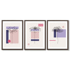 Set of 3 Sketch Flowers with Pink and Purple Geometric  Framed Art Prints with Dark Wood Frames
