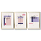 Set of 3 Sketch Flowers with Pink and Purple Geometric  Framed Art Prints with Gold Wood Frames