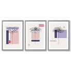 Set of 3 Sketch Flowers with Pink and Purple Geometric  Framed Art Prints with Light Grey Wooden Frames