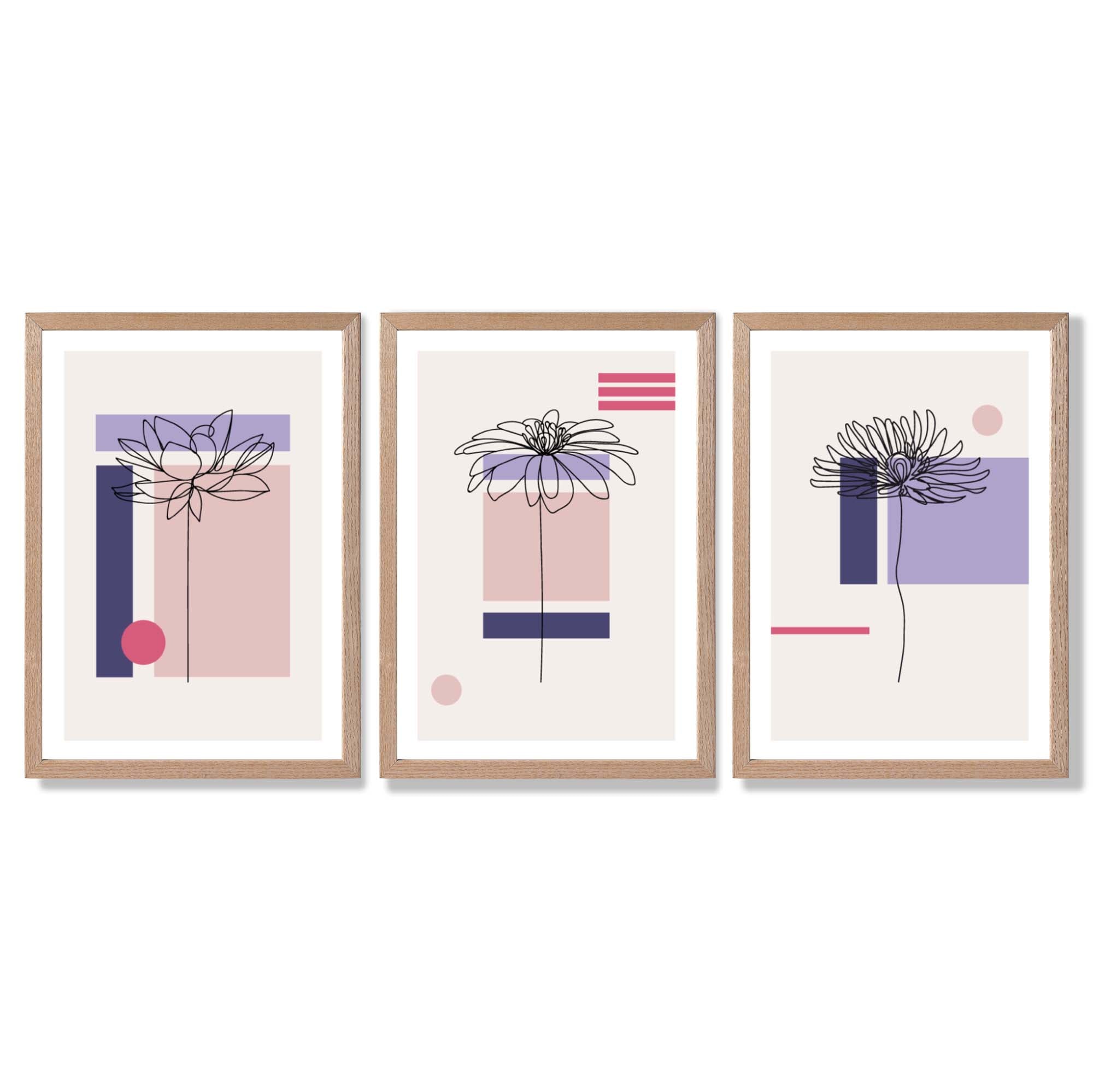 Set of 3 Sketch Flowers with Pink and Purple Geometric  Framed Art Prints with Light Oak Frames