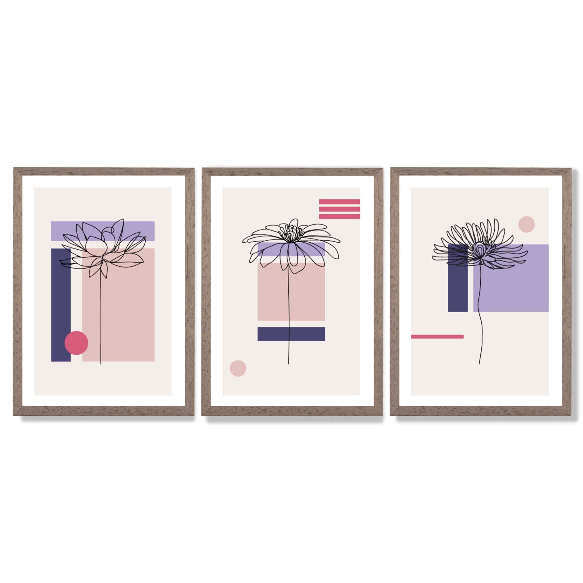 Set of 3 Sketch Flowers with Pink and Purple Geometric  Framed Art Prints with Light Walnut Frames