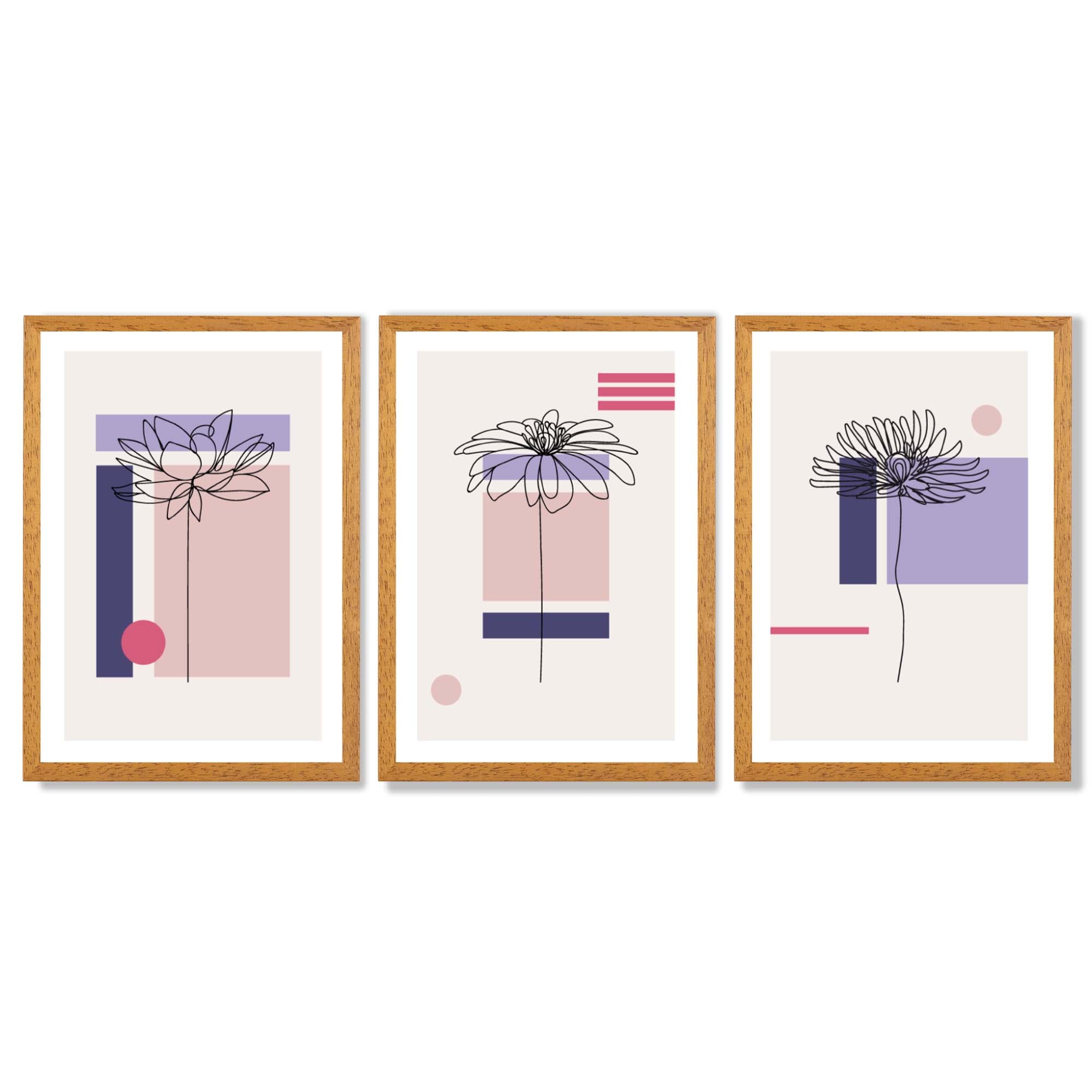 Set of 3 Sketch Flowers with Pink and Purple Geometric  Framed Art Prints with Oak Wooden Frames