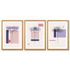 Set of 3 Sketch Flowers with Pink and Purple Geometric  Framed Art Prints with Oak Wooden Frames