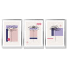 Set of 3 Sketch Flowers with Pink and Purple Geometric  Framed Art Prints with Silver Wood Frames