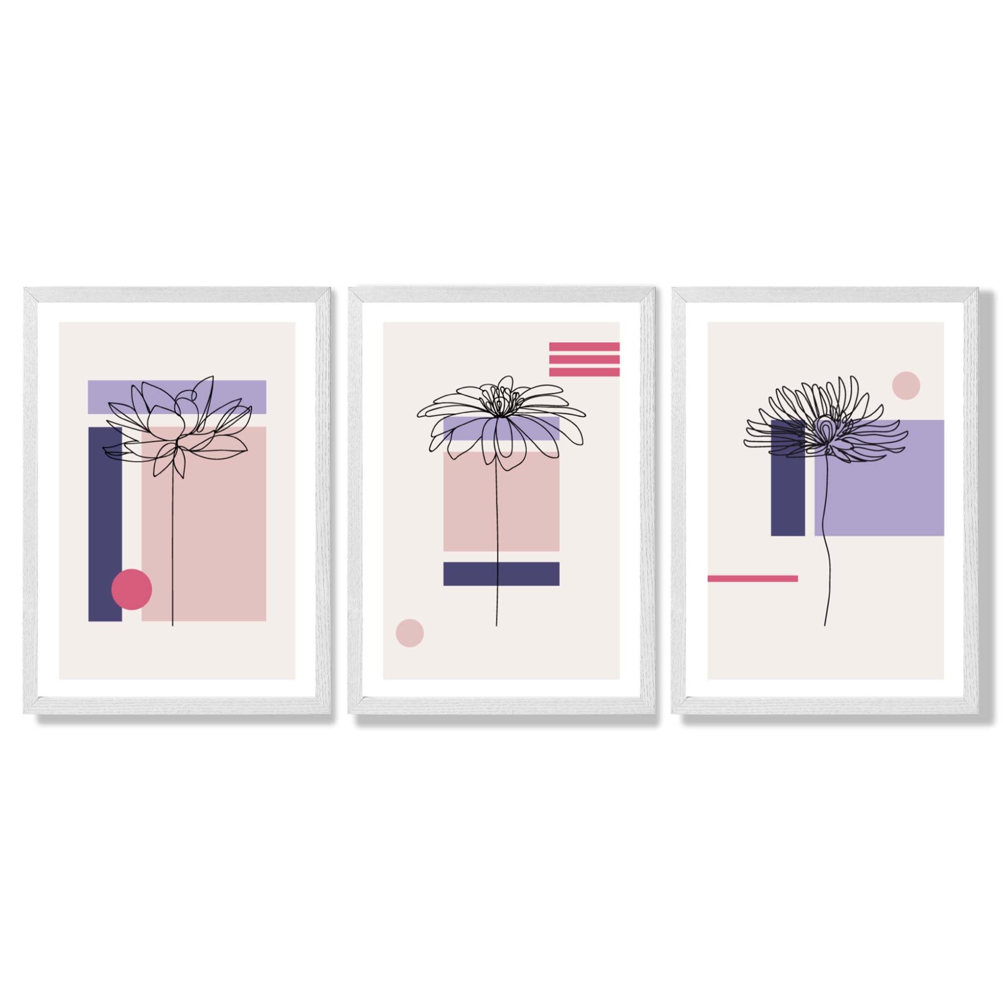 Set of 3 Sketch Flowers with Pink and Purple Geometric  Framed Art Prints with White Wooden Frames