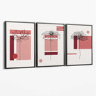 Set of 3 Sketch Flowers with Red Shades Geometric  Canvas Art Prints with Grey Float Frame