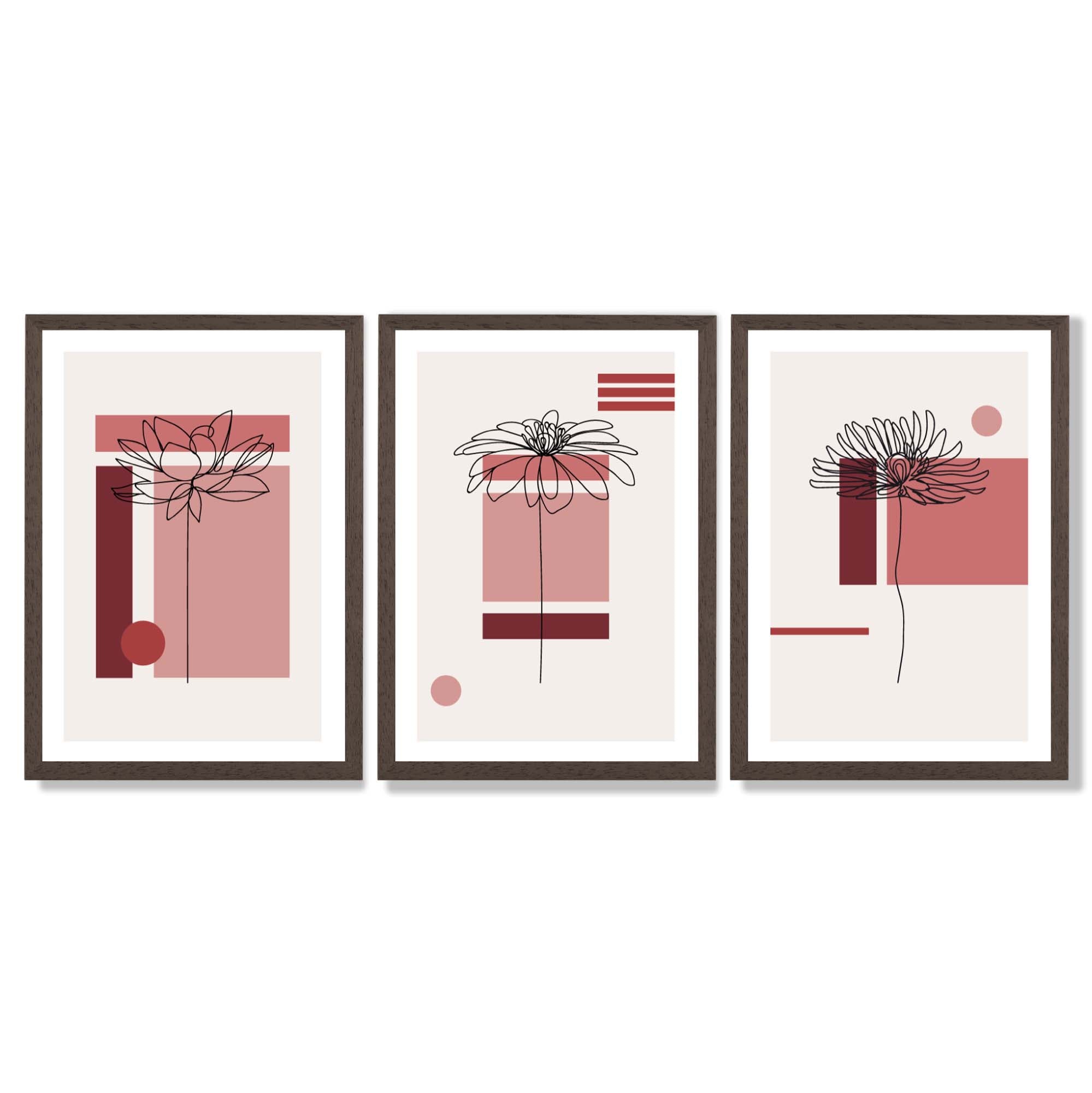 Set of 3 Sketch Flowers with Red Shades Geometric  Framed Art Prints with Dark Wood Frames