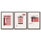 Set of 3 Sketch Flowers with Red Shades Geometric  Framed Art Prints with Dark Wood Frames