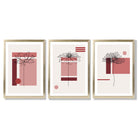 Set of 3 Sketch Flowers with Red Shades Geometric  Framed Art Prints with Gold Wood Frames