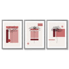 Set of 3 Sketch Flowers with Red Shades Geometric  Framed Art Prints with Light Grey Wooden Frames