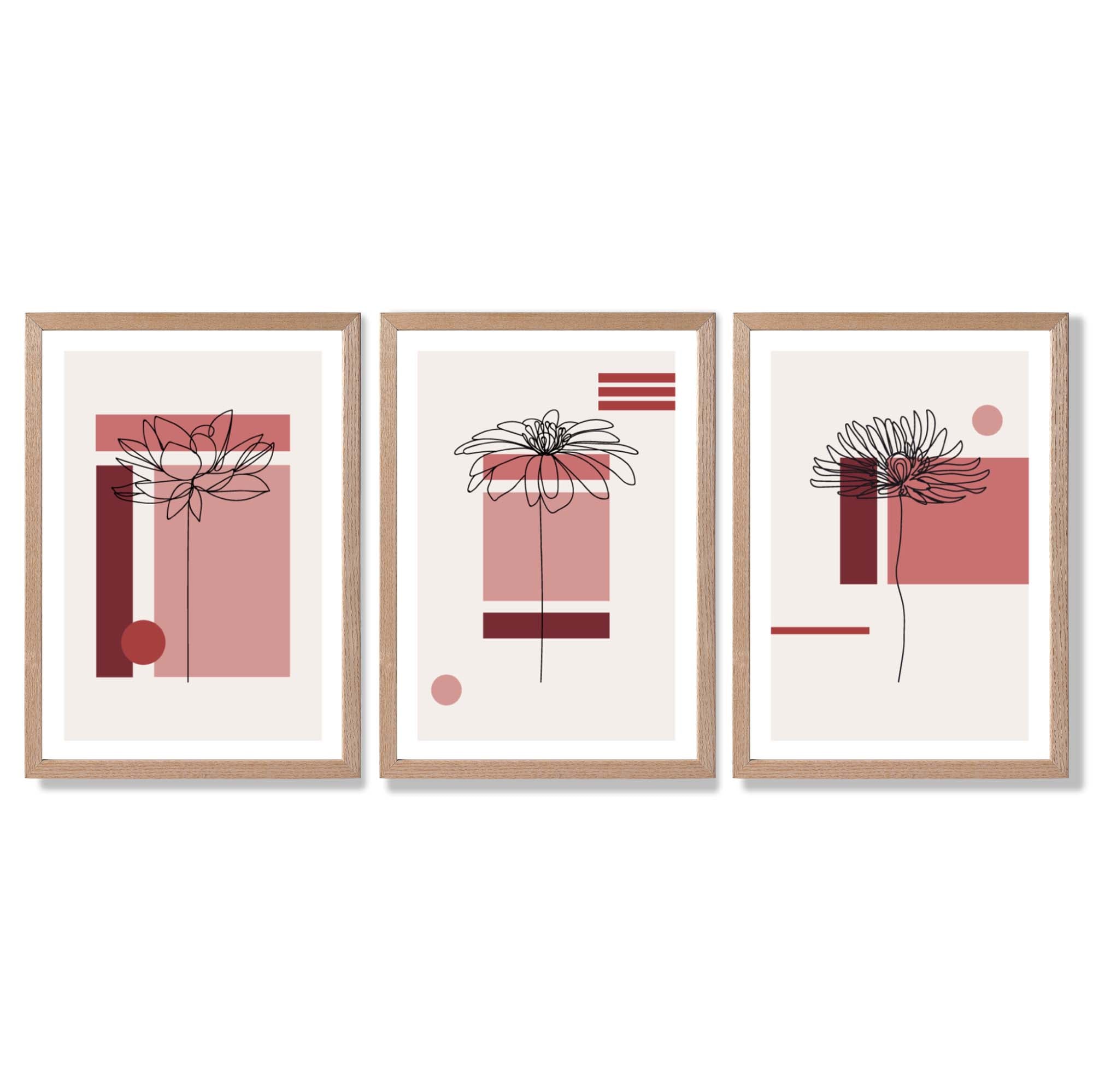 Set of 3 Sketch Flowers with Red Shades Geometric  Framed Art Prints with Light Oak Frames