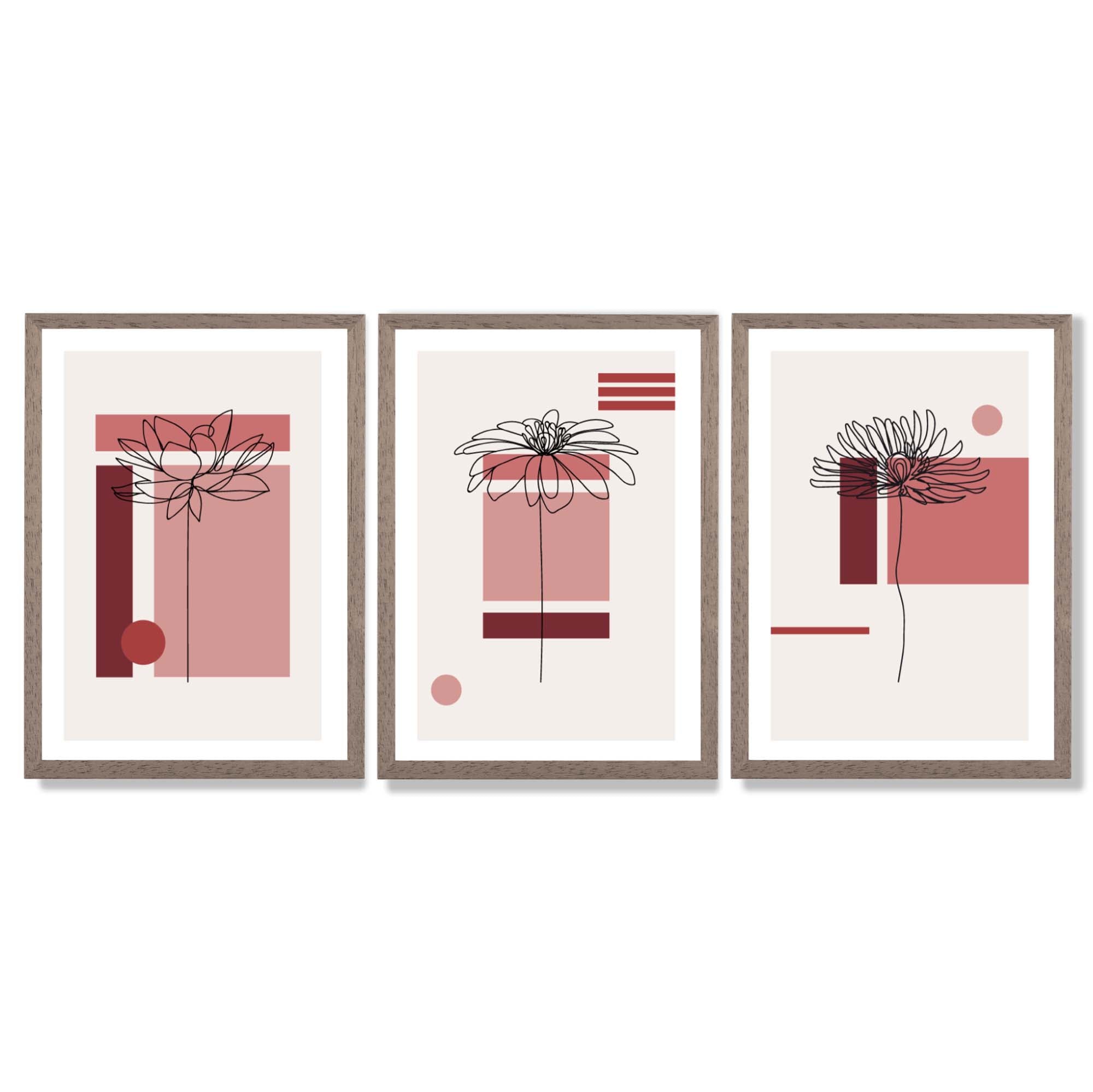 Set of 3 Sketch Flowers with Red Shades Geometric  Framed Art Prints with Light Walnut Frames