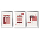 Set of 3 Sketch Flowers with Red Shades Geometric  Framed Art Prints with Silver Wood Frames
