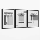 Set of 3 Sketch Flowers with Grey Shades Geometric  Canvas Art Prints with Black Float Frame