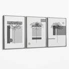 Set of 3 Sketch Flowers with Grey Shades Geometric  Canvas Art Prints with Silver Float Frame