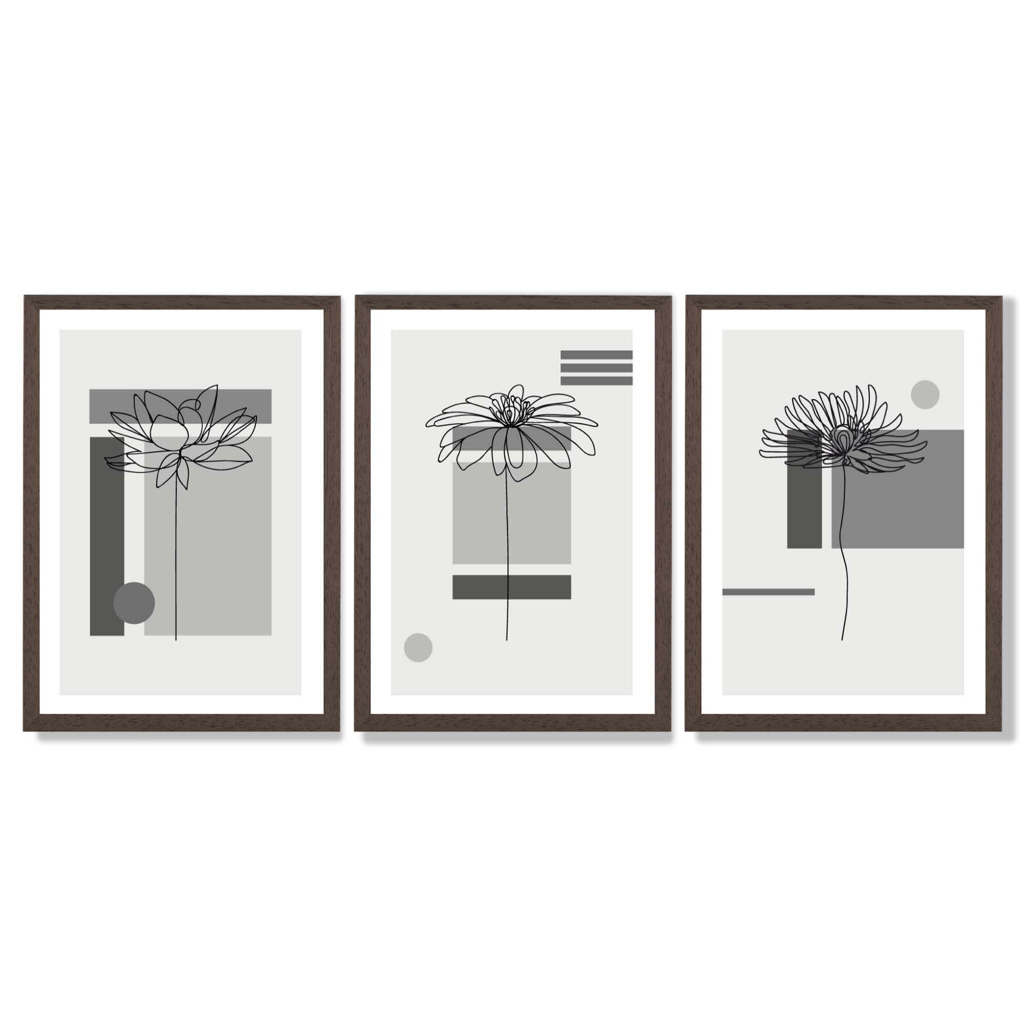 Set of 3 Sketch Flowers with Grey Shades Geometric  Framed Art Prints with Dark Wood Frames