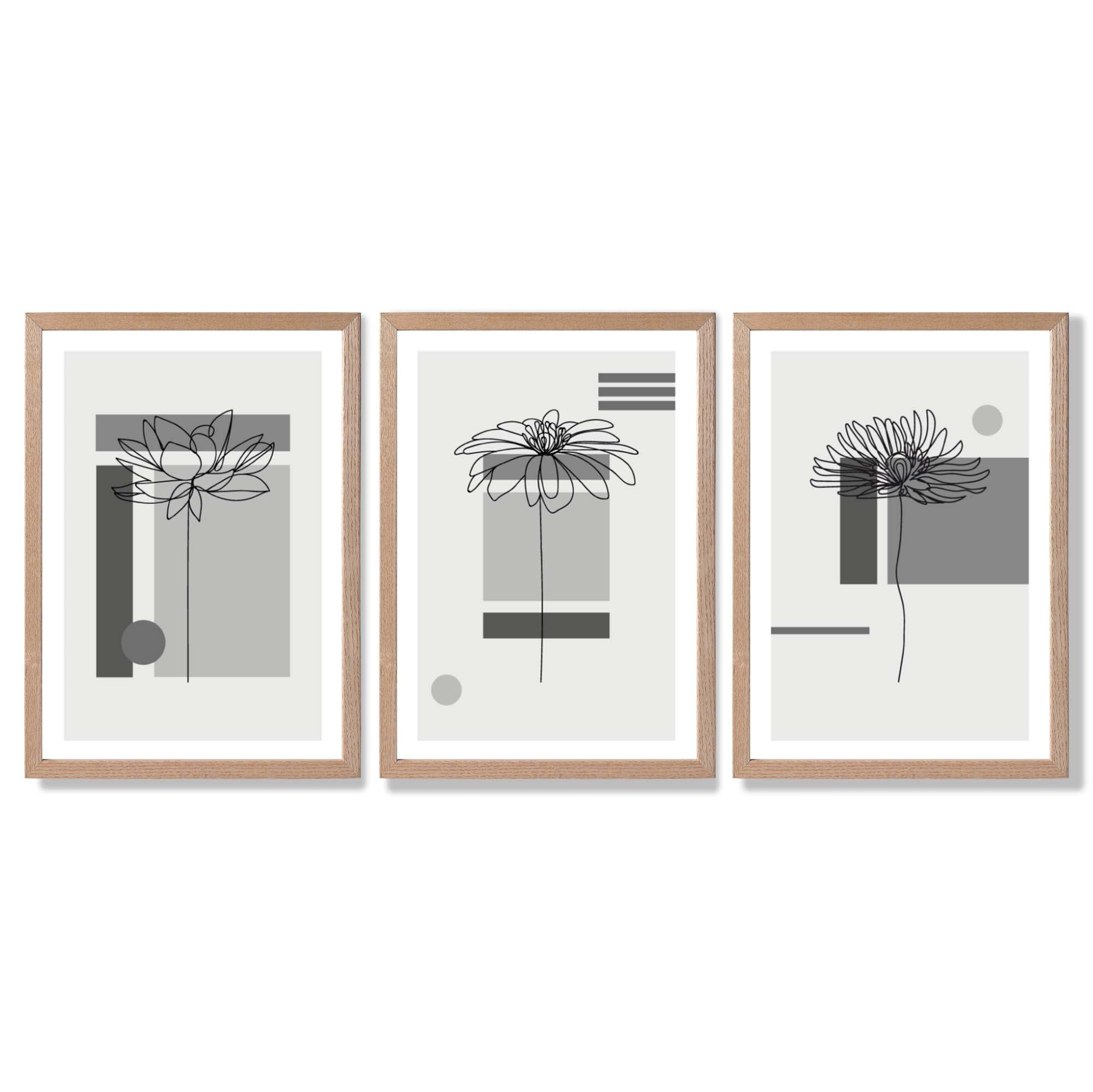 Set of 3 Sketch Flowers with Grey Shades Geometric  Framed Art Prints with Light Oak Frames
