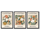 Set of 3 Flower Market Vintage Botanical Framed Art Prints with Black Wooden Frames