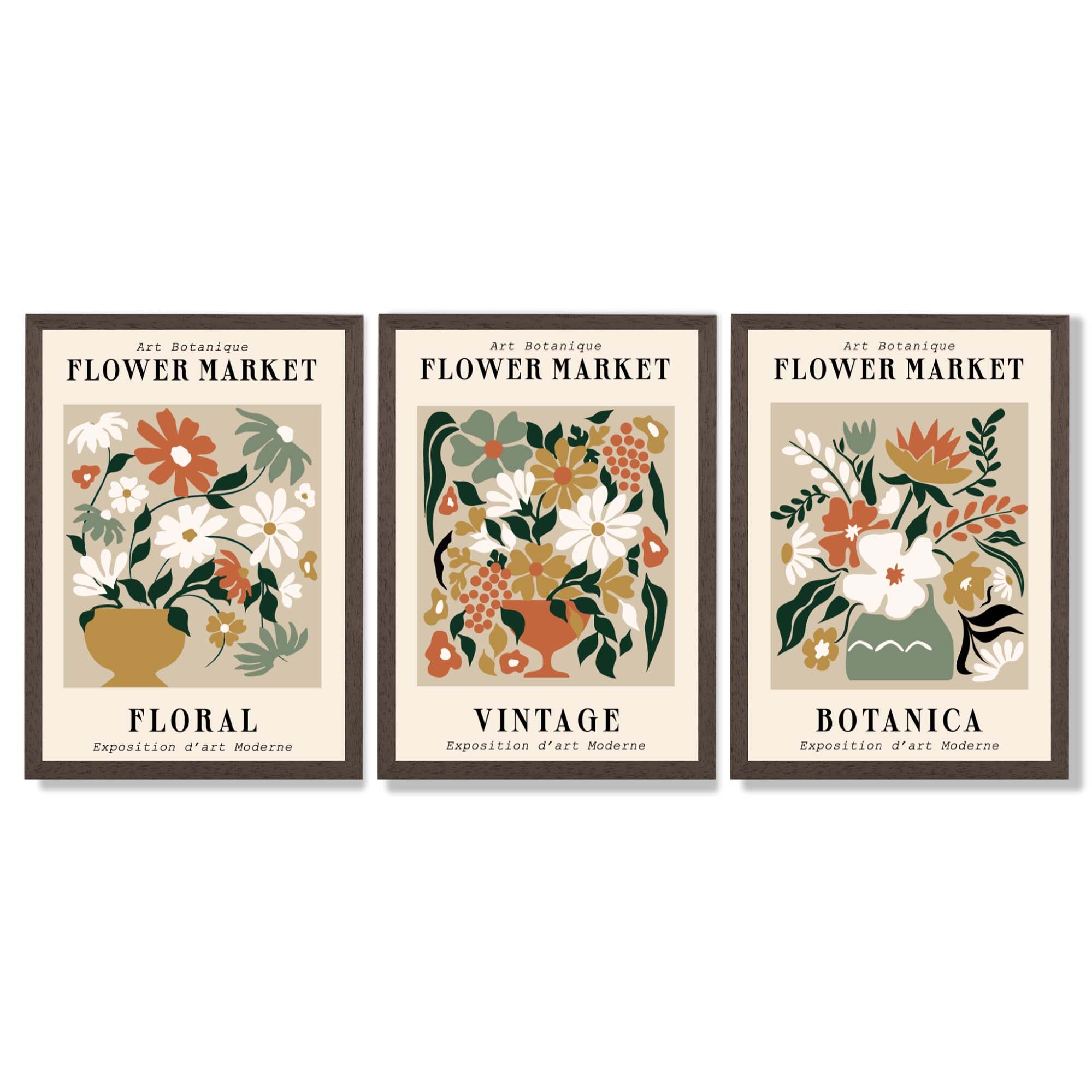Set of 3 Flower Market Vintage Botanical Framed Art Prints with Dark Wood Frames