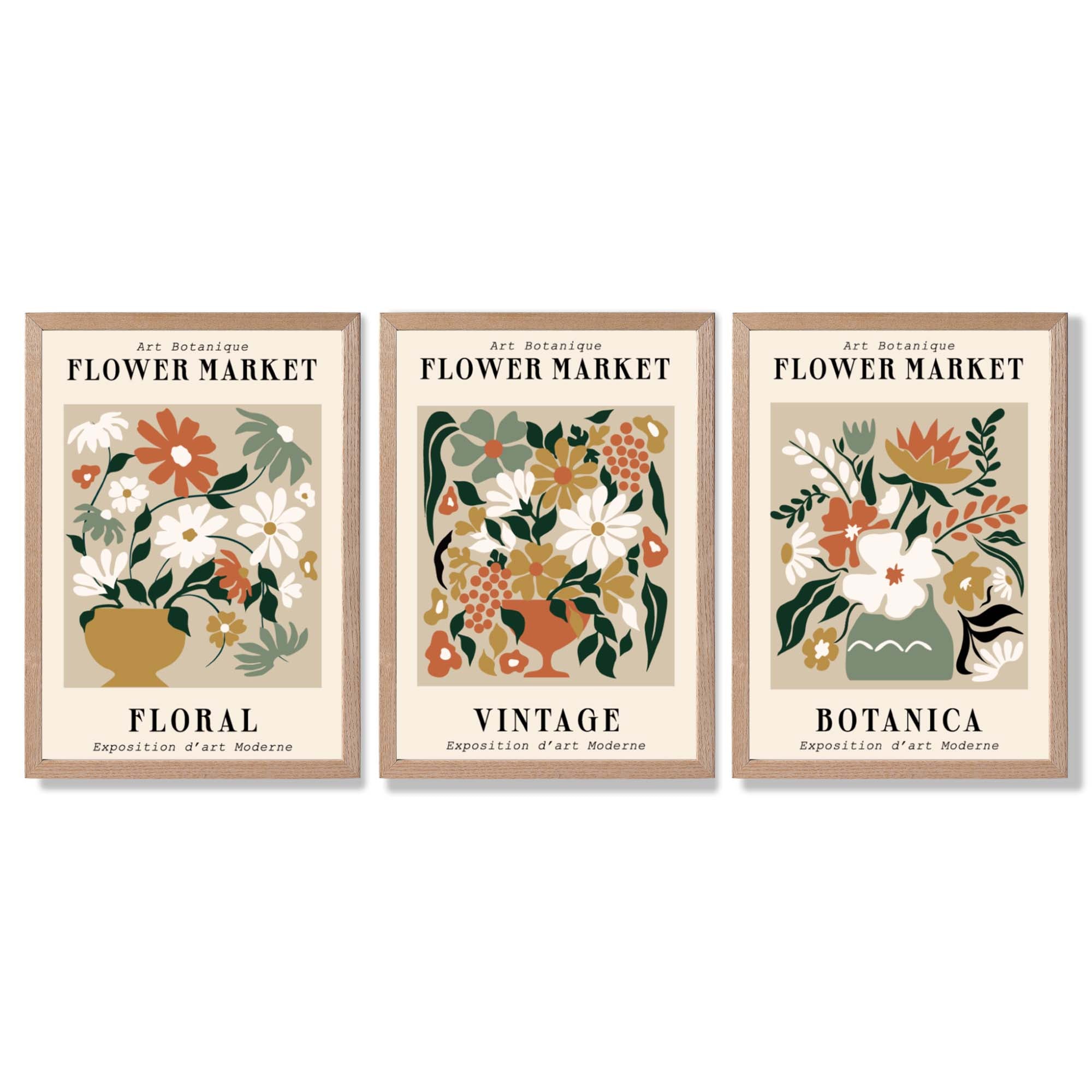 Set of 3 Flower Market Vintage Botanical Framed Art Prints with Light Oak Frames