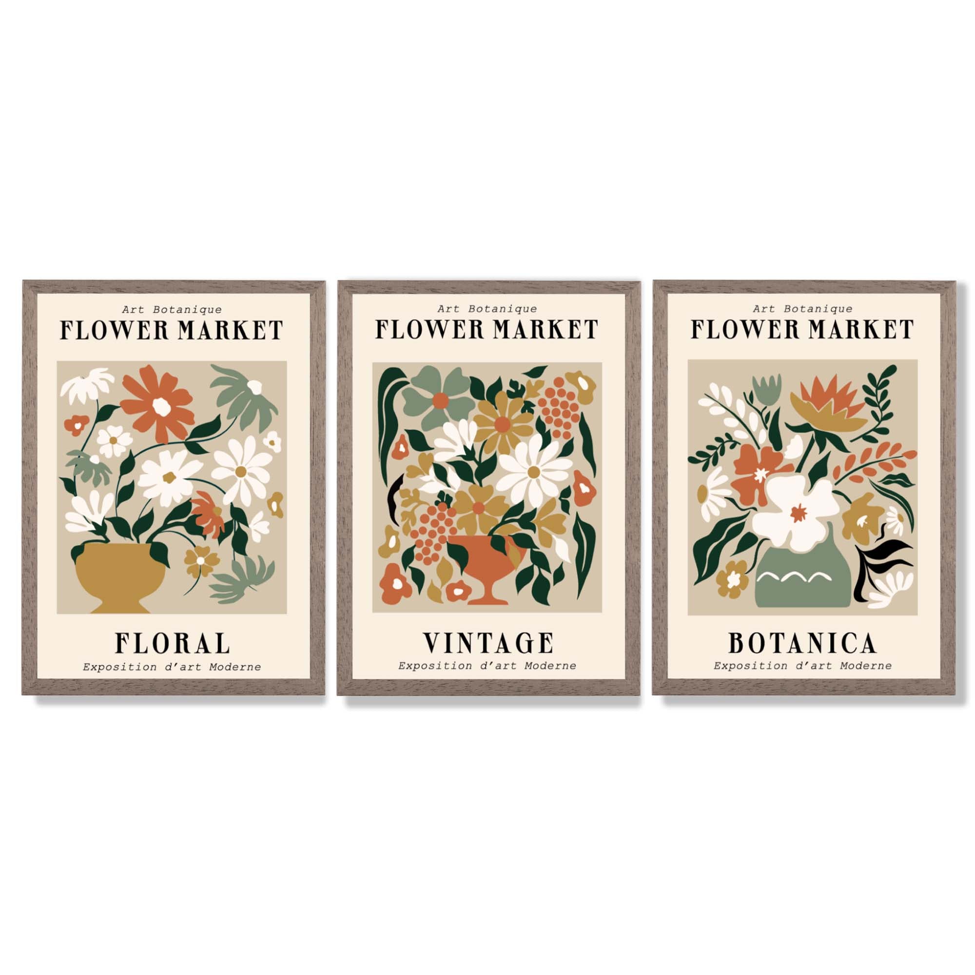 Set of 3 Flower Market Vintage Botanical Framed Art Prints with Light Walnut Frames