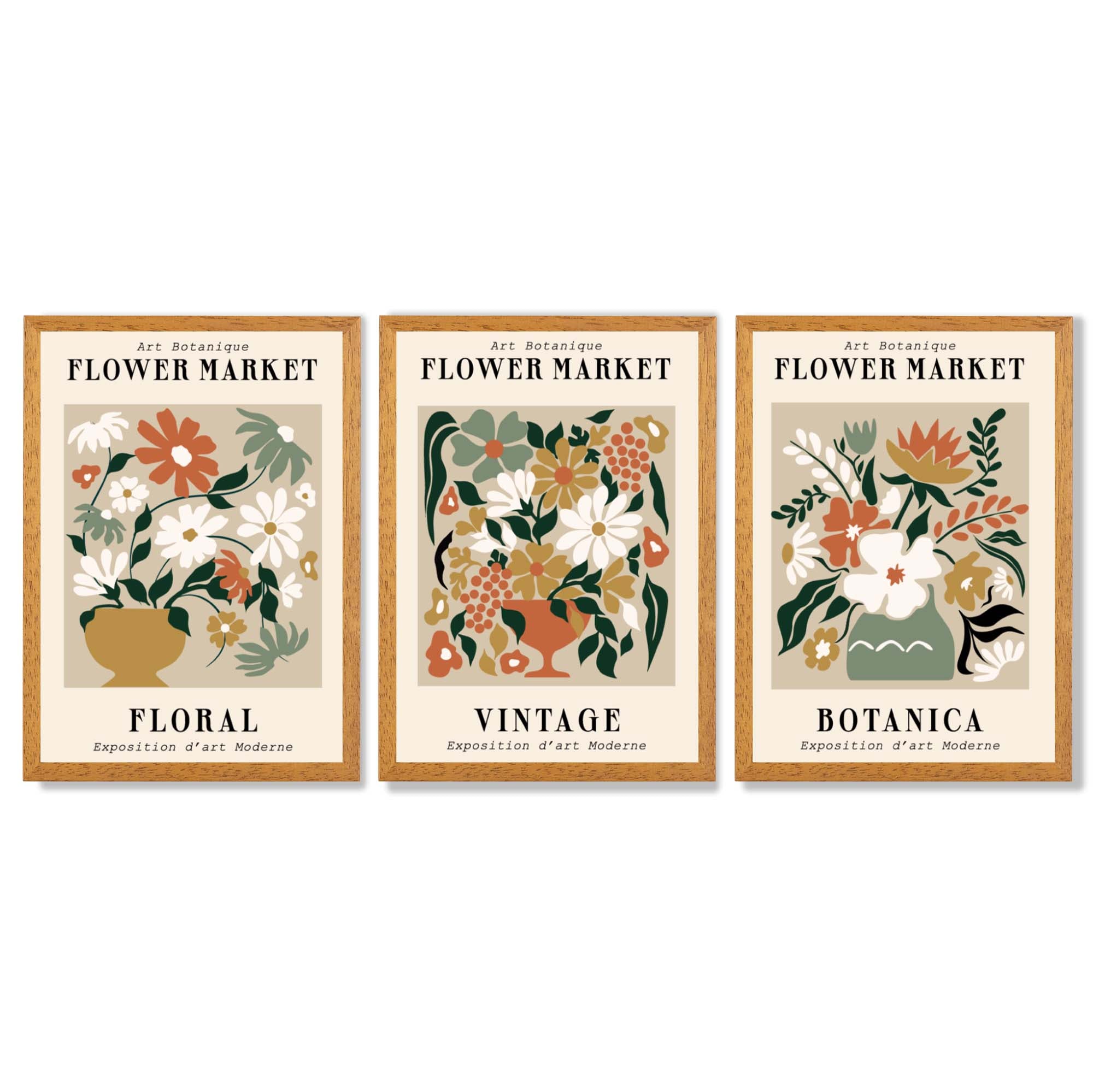 Set of 3 Flower Market Vintage Botanical Framed Art Prints with Oak Wooden Frames