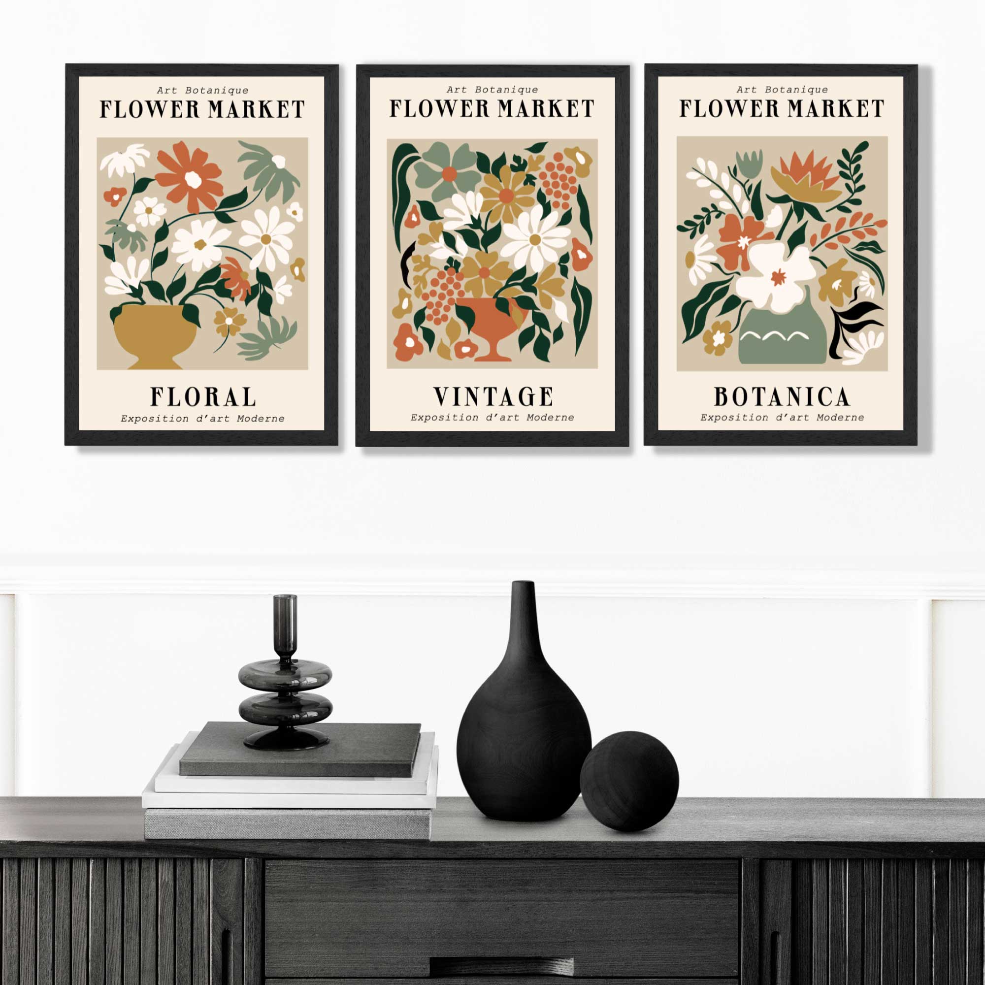 Set of 3 Flower Market Vintage Botanical Art Prints in Black Frames | Artze UK