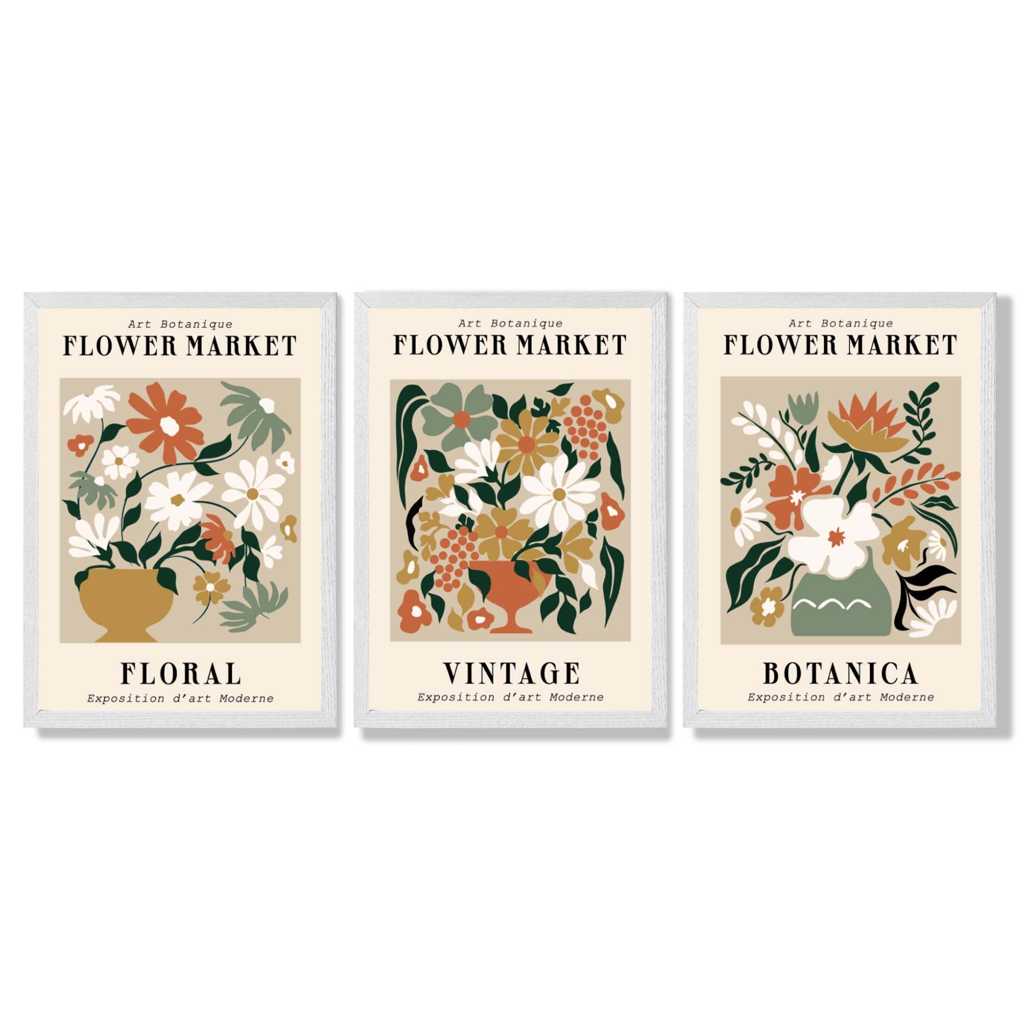 Set of 3 Flower Market Vintage Botanical Framed Art Prints with White Wooden Frames