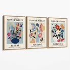Set of 3 Blue Flower Market Vintage Botanical Canvas Art Prints with Oak Float Frame