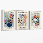 Set of 3 Blue Flower Market Vintage Botanical Canvas Art Prints with White Float Frame