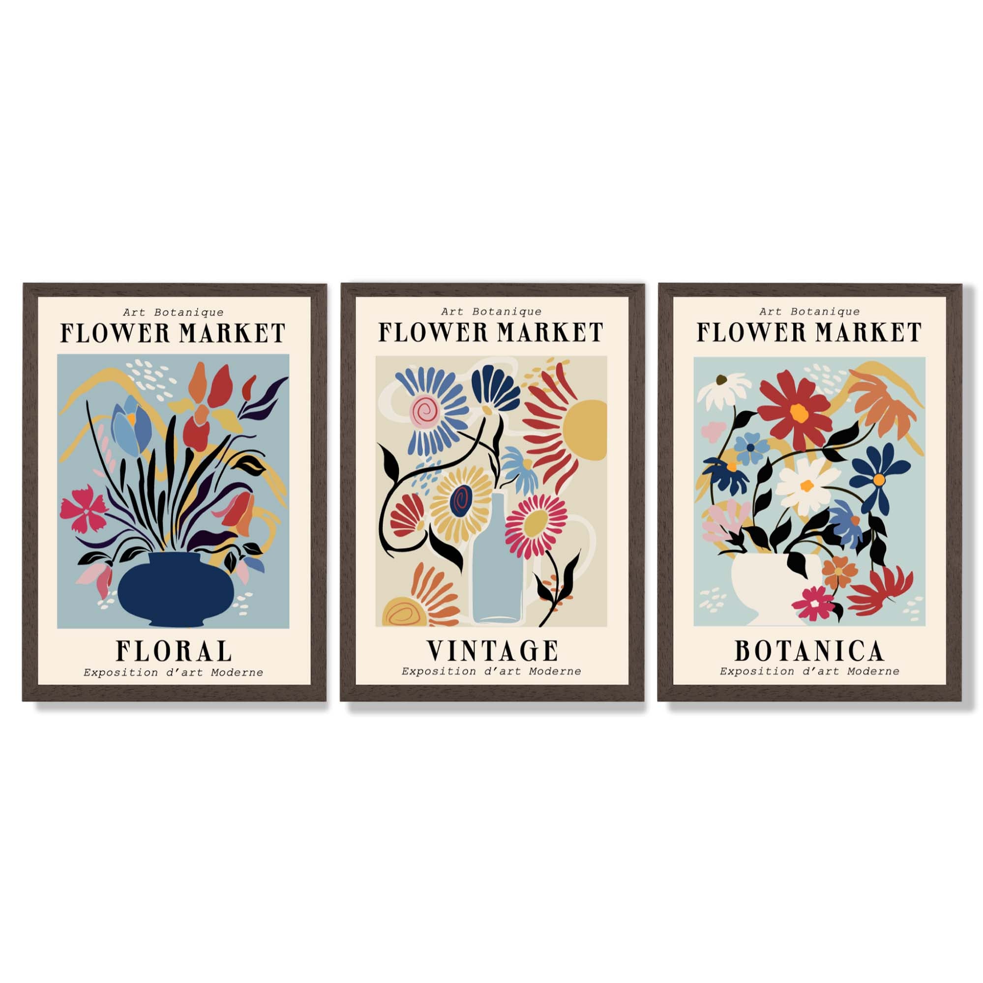 Set of 3 Blue Flower Market Vintage Botanical Framed Art Prints with Dark Wood Frames