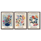 Set of 3 Blue Flower Market Vintage Botanical Framed Art Prints with Dark Wood Frames