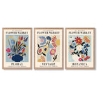 Set of 3 Blue Flower Market Vintage Botanical Framed Art Prints with Light Oak Frames