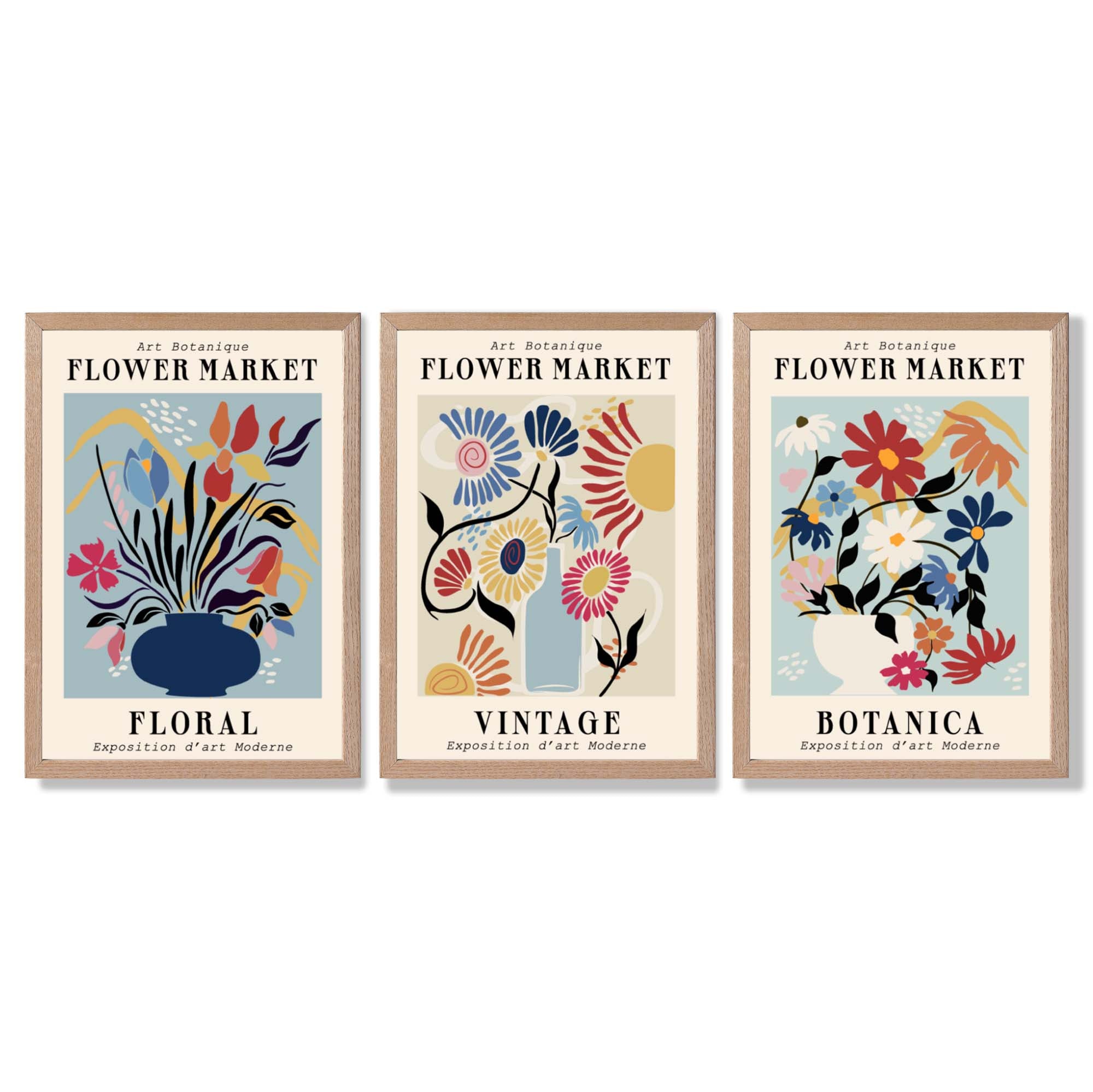 Set of 3 Blue Flower Market Vintage Botanical Framed Art Prints with Light Oak Frames