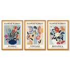 Set of 3 Blue Flower Market Vintage Botanical Framed Art Prints with Oak Wooden Frames