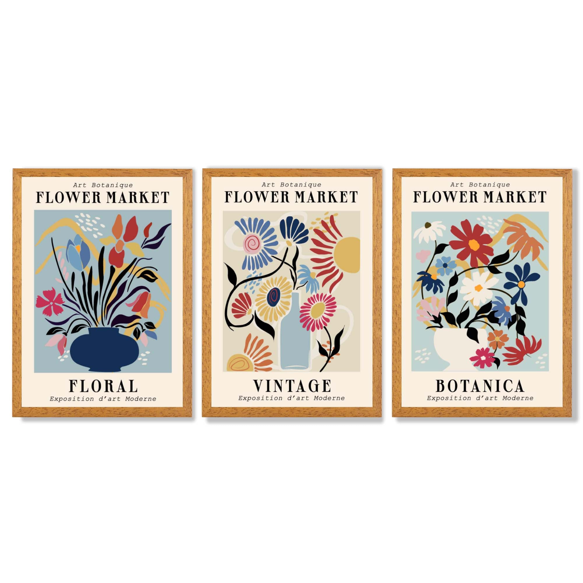 Set of 3 Blue Flower Market Vintage Botanical Framed Art Prints with Oak Wooden Frames