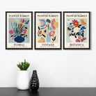Set of 3 Blue Flower Market Vintage Botanical Art Prints in Black Frames | Artze UK