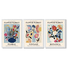 Set of 3 Blue Flower Market Vintage Botanical Framed Art Prints with White Wooden Frames